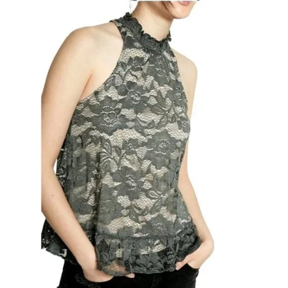 Express Tops - EXPRESS | Olive Green Lace Ruffle High Neck Sleeveless Peplum Blouse | Size L